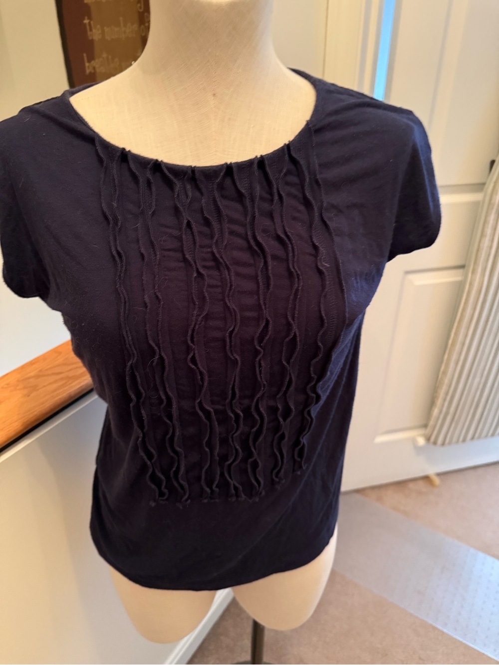 Ann Taylor Navy Short Sleeve Tee with Front Ruffle Detail